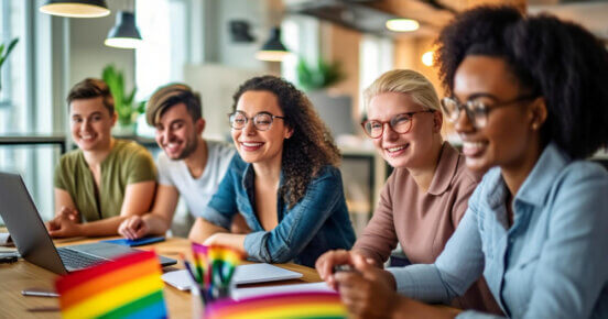 equipe de ia generativa de software lgbtq e profissionais de negocios trabalhando em um escritorio