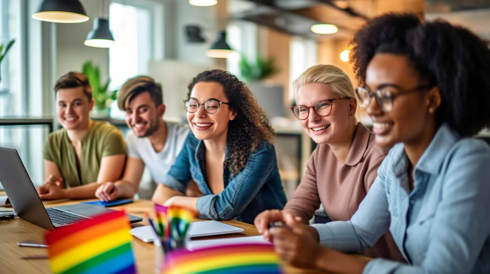 equipe de ia generativa de software lgbtq e profissionais de negocios trabalhando em um escritorio